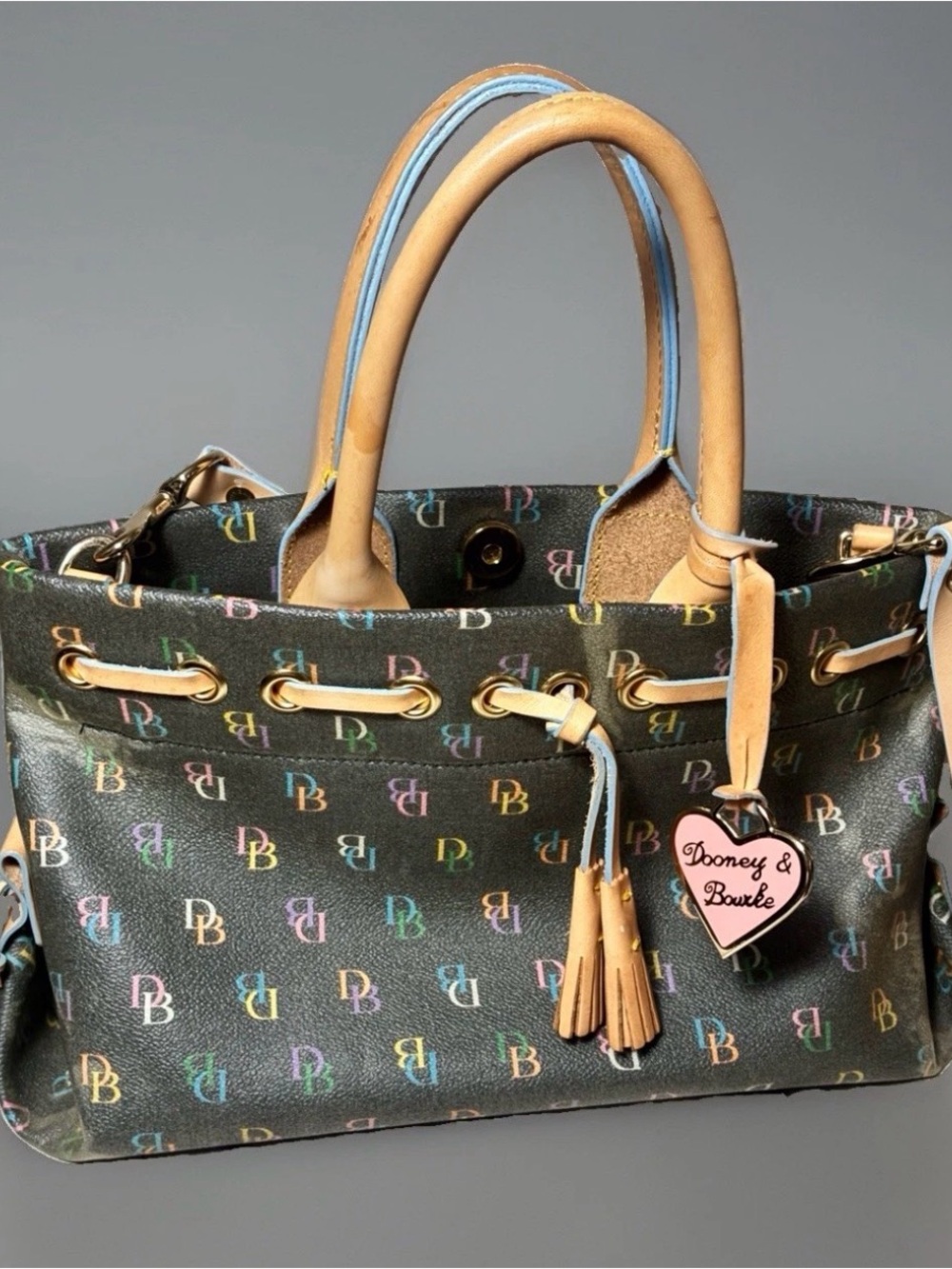 Dooney & Bourke multicolor logo satchel top handle bag w/ detachable strap
